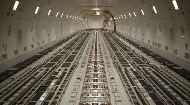 An inside view of a Boeing 747 cargo jet hull.