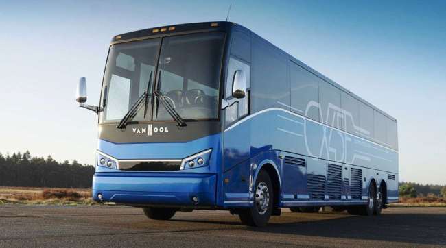 The Van Hool CX45E electric coach, powered by a 676 kWh Proterra battery. (Van Hool)