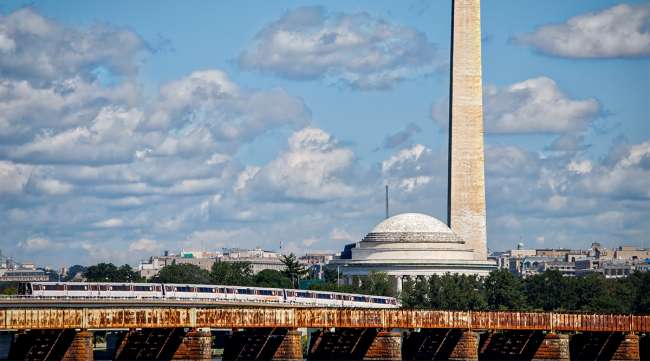 Commuter train crosses bridge from Virginia into Washington, D.C.
