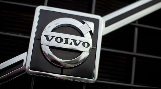 The Volvo logo is seen on the front grill of a truck at the company's New River Valley Plant in Virginia.