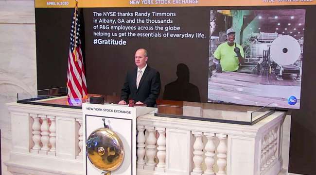 In this photo from video provided by the New York Stock Exchange, Chief Security Officer Kevin Fitzgibbons rings in the opening bell April 9.