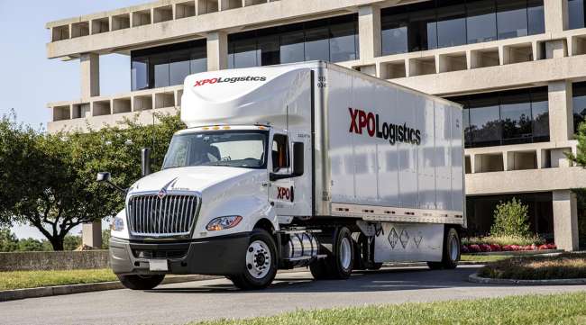An XPO Logistics LTL truck at company headquarters in Greenwich, Conn.