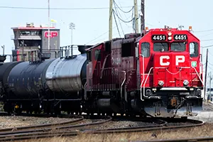 Canadian Pacific trains sit idle on the tracks