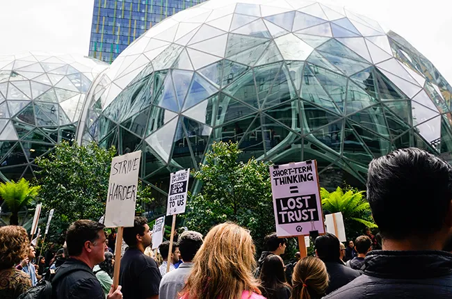 At the Amazon Spheres, employees gather to protest