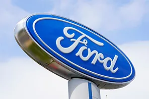 A Ford sign at a dealership in Springfield, Pa.