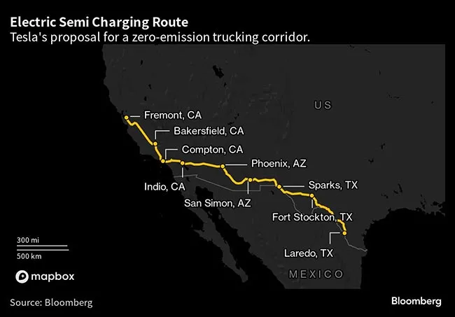 Tesla Semi charging map
