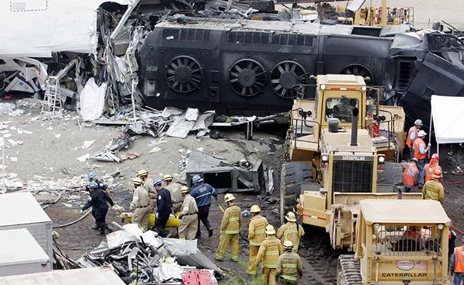 Wreckage of a commuter train locomotive