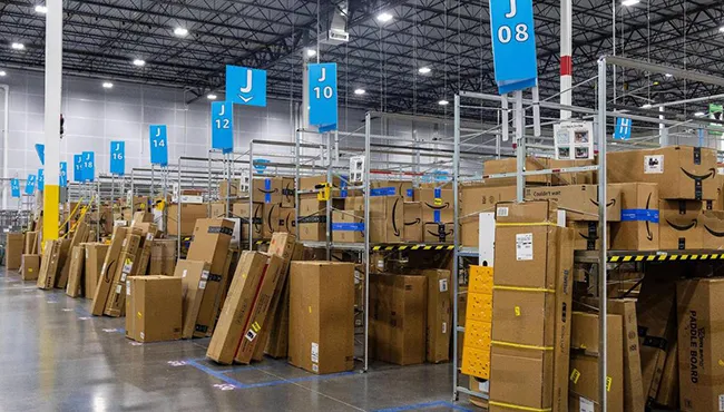 Boxes at an Amazon delivery station