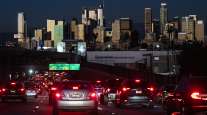 Traffic moves along the 110 Freeway in Los Angeles