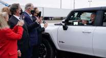 President Joe Biden test drives a Hummer at the GM Factory Zero electric vehicle assembly plant