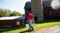 A farmer carries buckets on a dairy farm in Lancaster, Wis. (Lauren Justice/Bloomberg News)