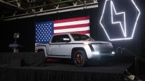 The Lordstown Motors Endurance electric pickup sits on stage during an unveiling event in June 2020.