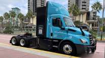 A Hyzon hydrogen fuel cell truck outside the San Diego Convention Center