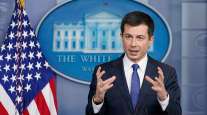 Transportation Secretary Pete Buttigieg speaks during a daily briefing at the White House