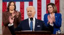 President Joe Biden, with Vice President Kamal Harris (left) and Speaker Nancy Pelosi