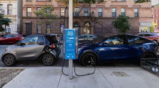 A curbside PlugNYC electric vehicle charger near West 84th Street in New York City