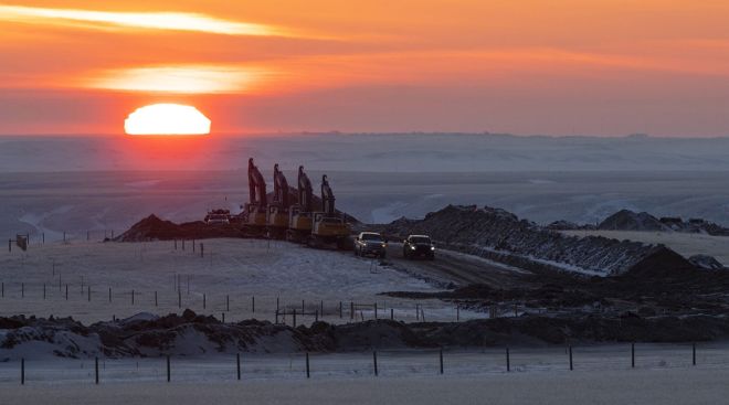 Crews work on a right of way for the Keystone XL pipeline