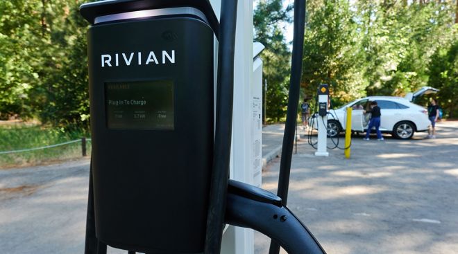 A Rivian Waypoint level 2 electric vehicle charger