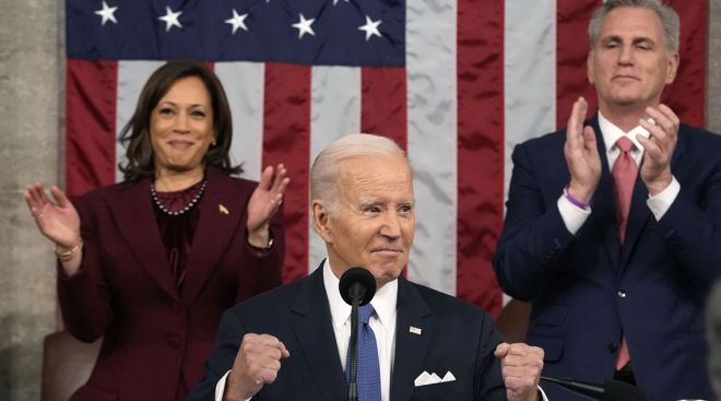 President joe Biden with Vice President Kamala Harris and Speaker Kevin McCarthy during the State of the Union