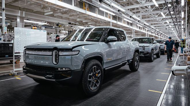 Rivian R1T electric pickup trucks on the assembly line