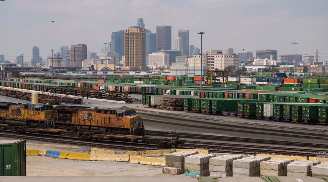 A locomotive moves through the Union Pacific LATC Intermodal Terminal