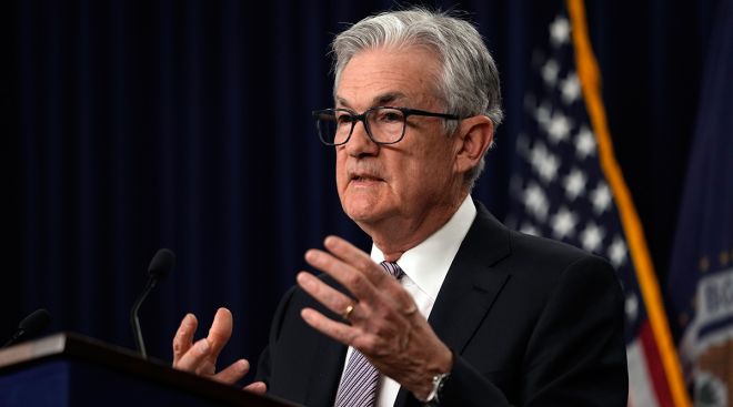 Federal Reserve Chairman Jerome Powell speaks during a May 3 news conference