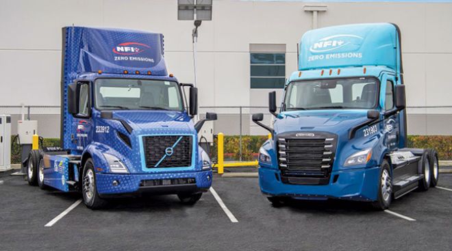 A Freightliner eCascadia and Volvo VNR Electric truck for NFI