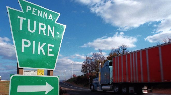 A truck enters the Pennsylvania Turnpike
