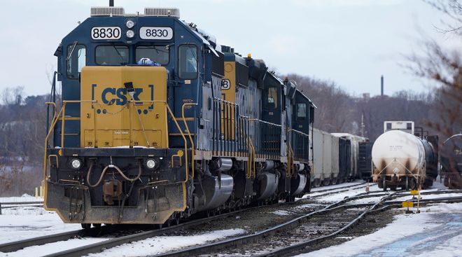 CSX locomotives in a Massachusetts yard