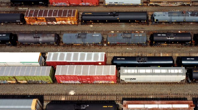 Freight rail cars in a yard
