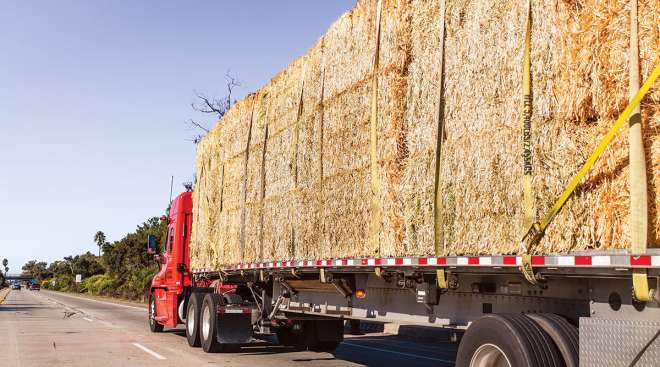Truck hauling bales of hay