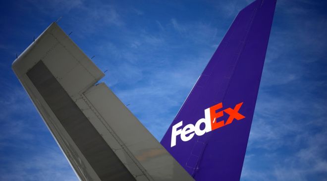 The tail fin of a cargo jet during the morning package sort at the FedEx Express Hub in Memphis, Tennessee.