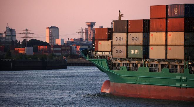 A container ship at the Port of Hamburg