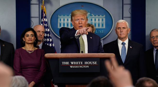President Trump speaks during a press briefing at the White House on March 17.