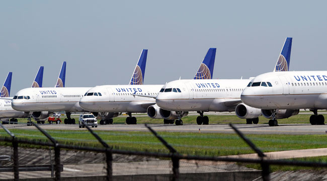 United Airlines planes are parked at George Bush Intercontinental Airport in Houston on March 25.