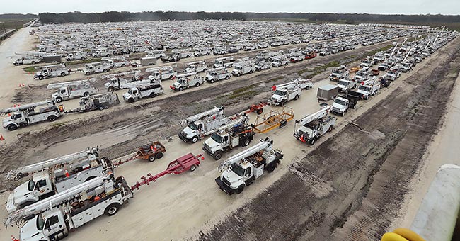 Utility trucks are staged in The Villages of Sumter County, Fla.