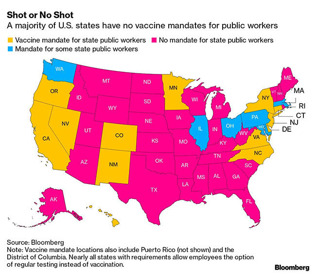 Map showing states that require vaccines of state employees